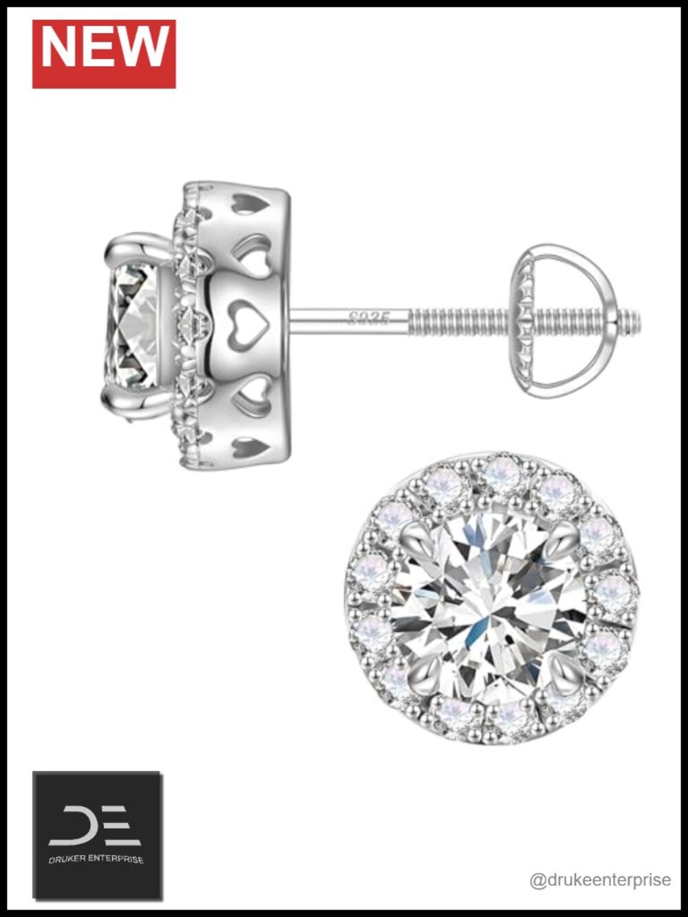 1-2ct Halo Moissanite Screw Back Earrings 925 Sterling Silver